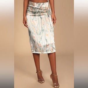 NEW Jenson Blue Multi Marbled Print Satin Ruched Midi Skirt by 4TH & RECKLESS XL